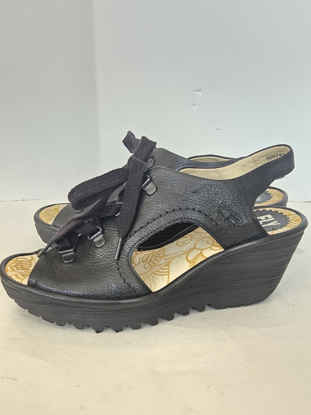 Fly London Black Lace-Up Slingback Wedge Sandals
